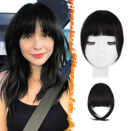 Miniatura 31 de BARSDAR Flequillo postizo de pelo humano real - Flequillo postizo 100% pelo humano para mujeres - Extensiones de flequillo ondulado castaño rojizo