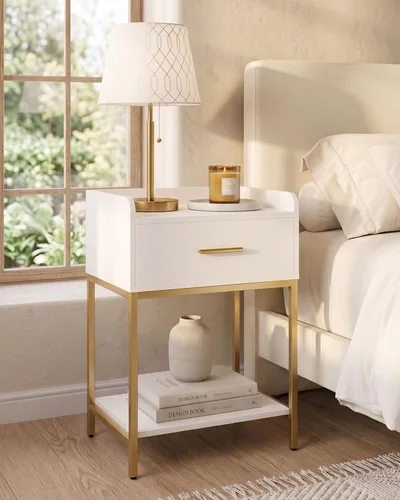 Miniatura 18 de Mesita de noche, mesita de noche moderna de 3 niveles, mesita de noche con cajón de almacenamiento y estante, mesa auxiliar pequeña para dormitorio