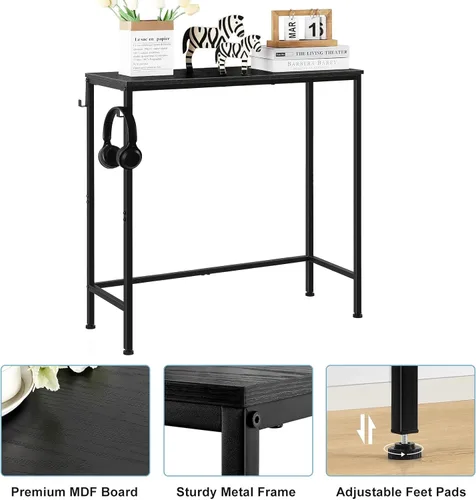 Miniatura 4 de Mesa de entrada estrecha negra moderna – Mesa de sofá delgada con ganchos para sala de estar, vestíbulo, dormitorio, pasillo, oficina Negro