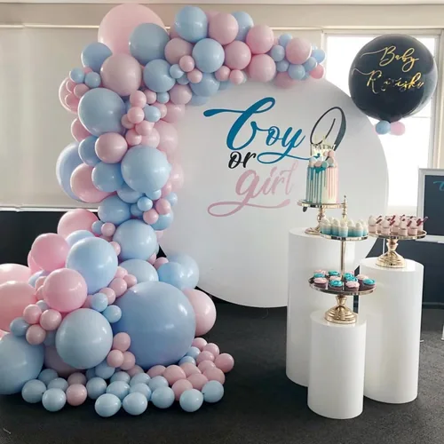 Miniatura 3 de Kit de arco de globos rosa y azul, kit de guirnalda de 100 globos azul claro rosa macarrón para revelación de género, globos de diferentes tamaños