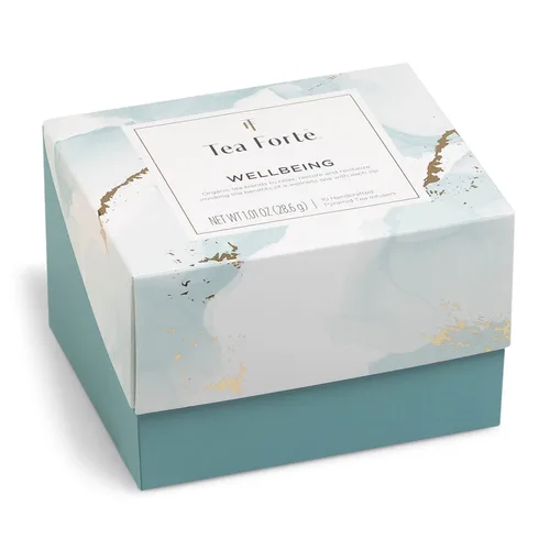 Miniatura 5 de Juego de regalo de té de 3 piezas de Tea Forte Wellbeing; incluye taza de té con tapa en color azul claro, bandeja de té y 10 bolsas de infusor
