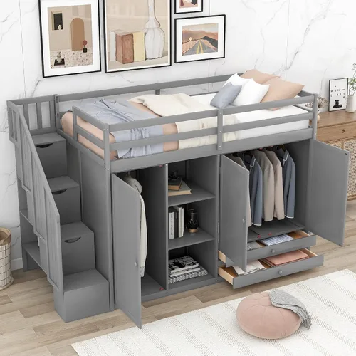 Miniatura 4 de Cama tipo loft gris de tamaño individual con escalera y escritorio en forma de L, cama alta de madera con estantes y cajones de almacenamiento