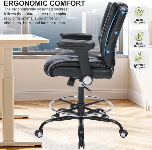 Miniatura 4 de Silla de dibujo de oficina, silla de escritorio alta con reposabrazos ajustables y reposapiés, silla de escritorio de piel sintética con cojín