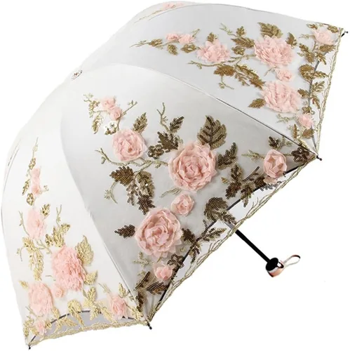 Miniatura 75 de Honeystore Sombrilla bordada con flor 3D plegable UV con encaje clásico