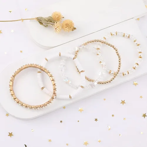 Miniatura 3 de Pulseras de cuentas de arcilla, pulseras de cristal con cuentas de varias capas, bohemio, blanco y rosa, juego de pulseras para mujer