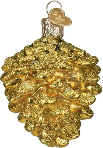 Old World Christmas - Adorno de piña pequeña dorada de vidrio soplado para árbol de Navidad, decoración festiva hecha a mano, colección naturaleza