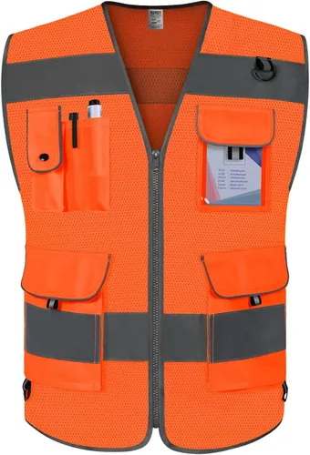 Miniatura 7 de TCCFCCT Hi Vis Chaleco de seguridad reflectante de alta visibilidad con 9 bolsillos para hombres y mujeres, chaleco de construcción con tiras