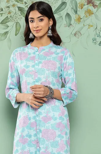 Miniatura 6 de Janasya Conjunto de coords con estampado digital de crepé azul cielo para mujer india