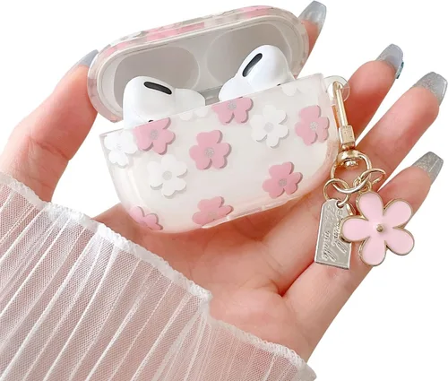 Miniatura 12 de MINSCOSE Funda transparente compatible con AirPods 1/2, bonito diseño de patrón de flores de dibujos animados con llavero floral, funda protectora