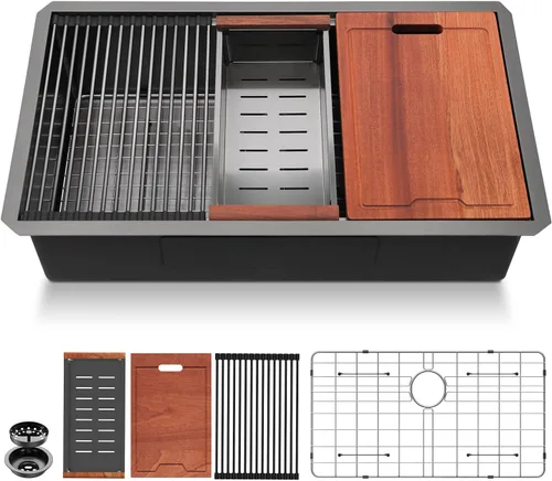 Miniatura 29 de Lordear Fregadero de cocina de montaje inferior de 23 pulgadas, estación de trabajo, fregadero de cocina de acero inoxidable calibre 16, cuenco