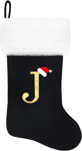Miniatura 72 de Calcetines de Navidad bordados de 20 pulgadas con monograma, terciopelo negro con puño de felpa blanca supersuave, adornos clásicos para decoración