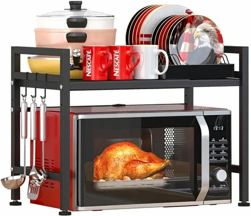 PUSDON Estante para horno microondas negro texturizado, organizador de encimera de cocina expandible de 2 niveles, soporte de acero al carbono
