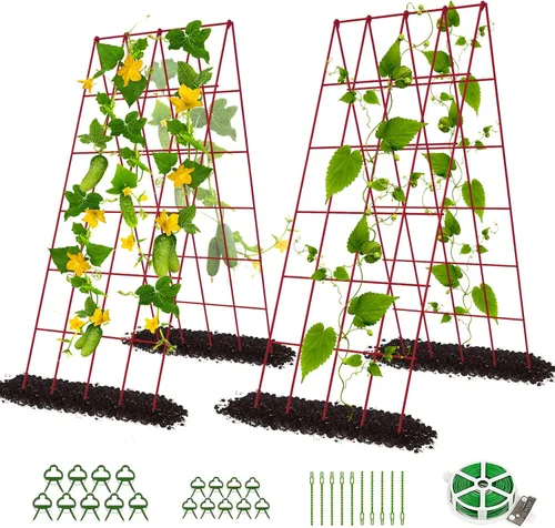 Miniatura 12 de DoCred Enrejado de jardín de metal con marco en A, 2 unidades, acero recubierto de PVC, perfecto para pepinos, calabaza, guisantes, enredaderas