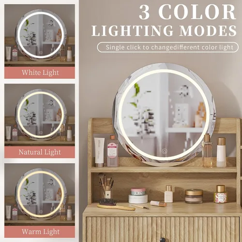 Miniatura 4 de Jluomei Escritorio de maquillaje estriado con espejo y luces, tocador de maquillaje moderno con cajón de almacenamiento, mesa de maquillaje LED