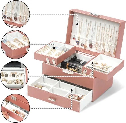 Miniatura 2 de Dajasan Caja organizadora de joyas, organizador de joyas para mujeres y niñas, 3 capas de almacenamiento grande de joyería para aretes, anillos