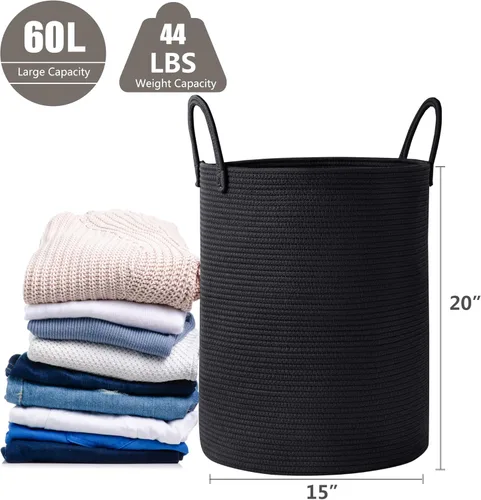 Miniatura 3 de Cesta de lavandería de 62L en negro con cuerda trenzada, cesta de almacenamiento para ropa y mantas, cesta alta y moderna para sala de estar