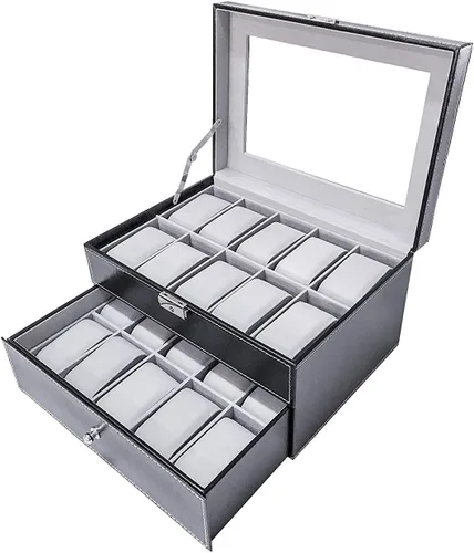 Sodynee Caja superior brillante de cuero sintético de 20 cuadrículas, organizador de exhibición de relojes de joyería, caja superior grande