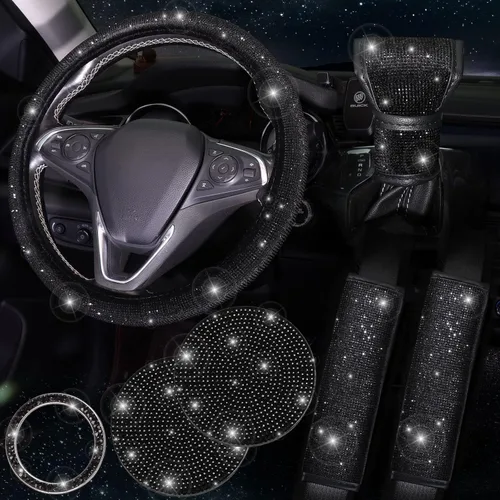 Miniatura 7 de ToBeQueen Juego de fundas para volante brillantes de 15 pulgadas, paquete de 7 piezas con accesorios de diamantes de imitación y cristales