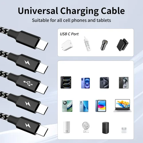 Miniatura 6 de Cable de carga múltiple, doble tipo C, cable de carga múltiple de nailon trenzado 4 en 1, cable de carga multi USB con puertos IP/tipo C/micro USB