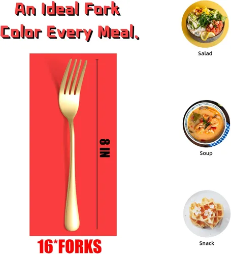 Miniatura 2 de Tenedores dorados para cena, 16 tenedores de cubiertos de acero inoxidable, juego de tenedores de vajilla pulido con espejo, tenedor de metal
