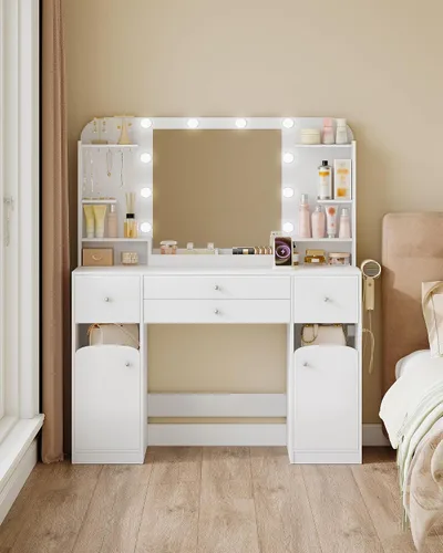 Miniatura 6 de Escritorio de tocador con espejo, tocador de maquillaje con luces LED, mesa de vestir con regleta de enchufes, 4 cajones, mesa grande de 42.5