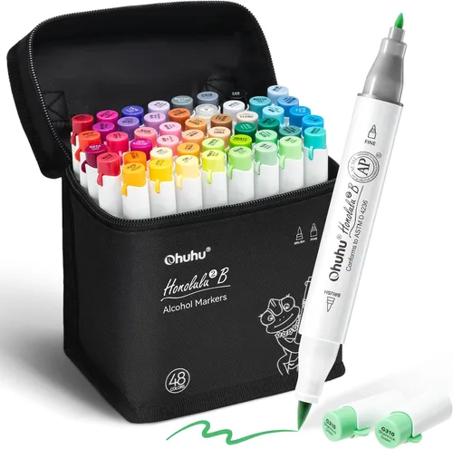Ohuhu Rotuladores de alcohol y punta fina – Juego de marcadores artísticos a base de alcohol de 48 colores para artistas adultos, ilustración para