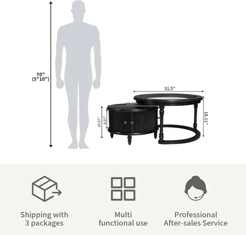 Miniatura 8 de LKTART Mesa auxiliar anidable para sala de estar, mesas de centro redondas de madera maciza de vidrio templado con almacenamiento, mesa central