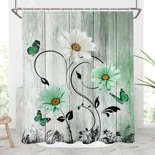 Miniatura 34 de AAtter Cortina de ducha floral azul rústica boho gris blanco amarillo margarita naturaleza negro botánico telón azul verdoso turquesa tela única