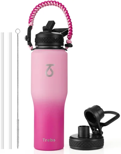 Miniatura 26 de Trebo Botella de agua de 40 onzas con aislamiento que cabe en portavasos de automóvil con asa, botellas de agua de acero inoxidable vaso con tapas