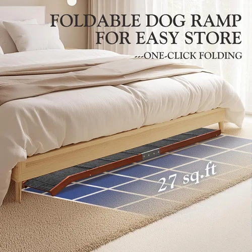 Miniatura 3 de Easyego Rampa plegable para perros para cama, rampa de madera para mascotas de 74 pulgadas con rieles laterales y alfombra de alta tracción, Nogal