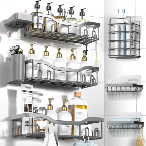 Miniatura 24 de NESOMI Organizador de Ducha Adhesivo Juego de 7 Piezas, Estantes de Baño de Acero Inoxidable a Prueba de Óxido, Accesorios de Almacenamiento sin