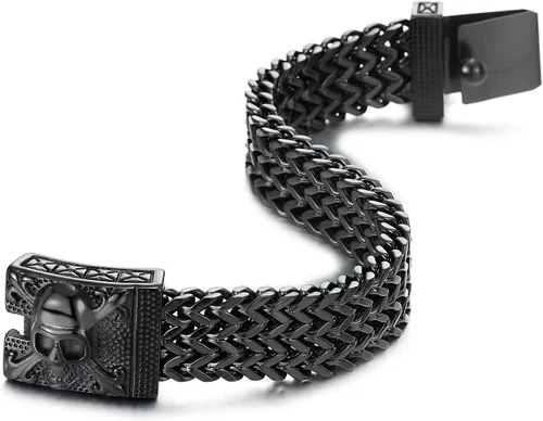 Miniatura 5 de COOLSTEELANDBEYOND Mens Large Stainless Steel Franco Link Curb Chain Bracelet with Pirate Skulls Clasp