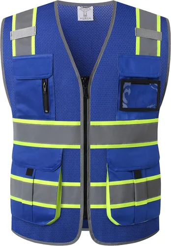 JKSafety - Chaleco reflectante de seguridad de alta visibilidad con 9 bolsillos para hombres y mujeres | Malla | Cremallera frontal | Múltiples