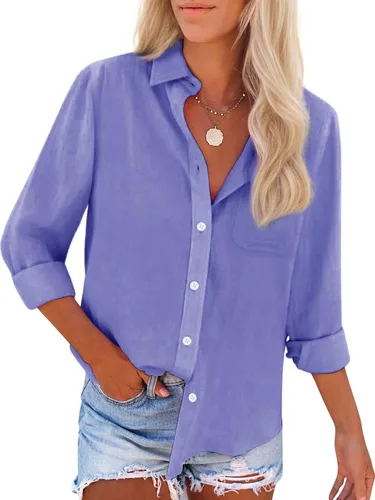 Miniatura 9 de Camisas de algodón con botones, para mujer, camisas de vestir Oxford, camisas de trabajo de manga larga, blusas con cuello y bolsillo