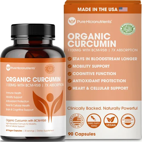 Curcumina de cúrcuma orgánica con pimienta negra y BCM-95 - para el apoyo inflamatorio, salud cerebral e inmune - 60 cápsulas veganas de cúrcuma,