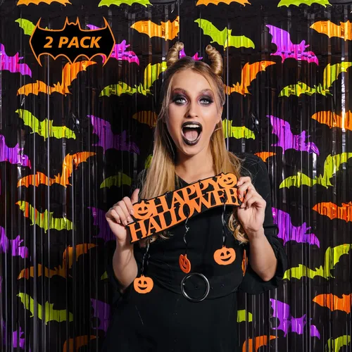 Miniatura 2 de Mega-L - Decoraciones de fiesta de Halloween, paquete de 2 unidades, verde, naranja, morado, patrón de murciélago, accesorios para cabina de fotos
