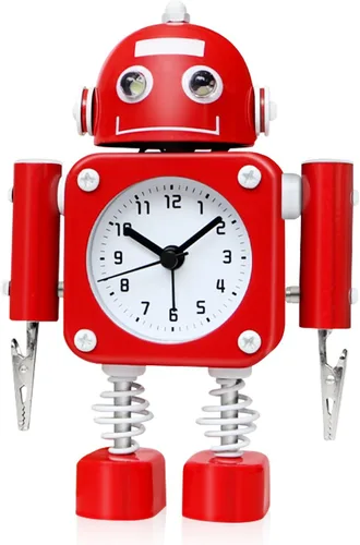 Betus Reloj Despertador Robot Sin Tictac de Metal Inoxidable - Reloj Despertador con Luces Intermitentes en los Ojos y Clip de Mano (Rojo Rubí)