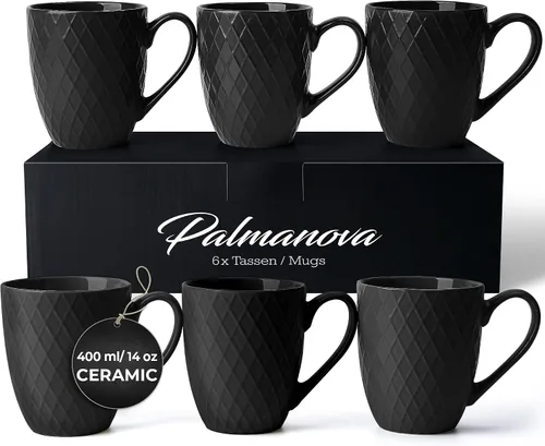 MIAMIO - Juego de 6 tazas de café / Tazas de café - Tazas de cerámica de 6 x 14 onzas - Tazas de café grandes - Aptas para microondas y lavavajillas