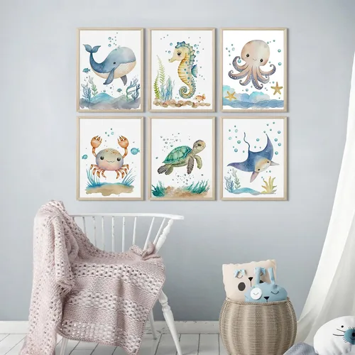 Miniatura 7 de Juego de 6 decoración de pared de animales marinos para guardería, lienzo de acuarela de océano, arte de pared para habitación de bebés y niños