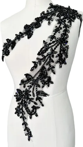 Miniatura 2 de Parches de lentejuelas brillantes de acrílico hechos a mano en encaje, con cuentas y piedras, para coser, accesorios para vestido de novia (negro)