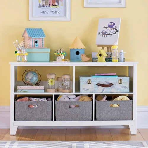 Miniatura 7 de Martha Stewart Estantería baja para niños (gris) - Organizador de almacenamiento de madera de 24 pulgadas con cubos de tela para sala