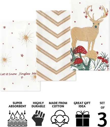 Miniatura 3 de Folkulture Juego de 3 paños de cocina de Navidad con lazo para colgar, 100% algodón para decoración navideña, estilo granja, 20 x 26 pulgadas