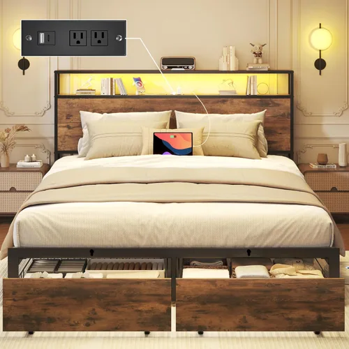 Miniatura 9 de Lifezone Base de cama Queen con cabecera de almacenamiento de 2 niveles, marco de cama de metal para dormitorio con 2 cajones de almacenamiento