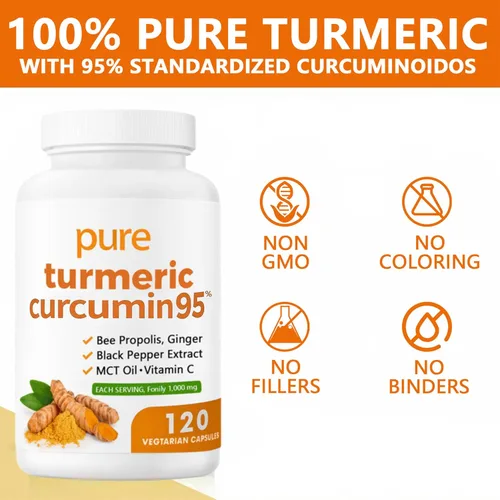 Miniatura 4 de Curcumina de cúrcuma 95 1000 mg - Suplemento de complejo de cúrcuma 95% con propóleos de abeja, jengibre, aceite MCT, vitamina C soluble en grasa
