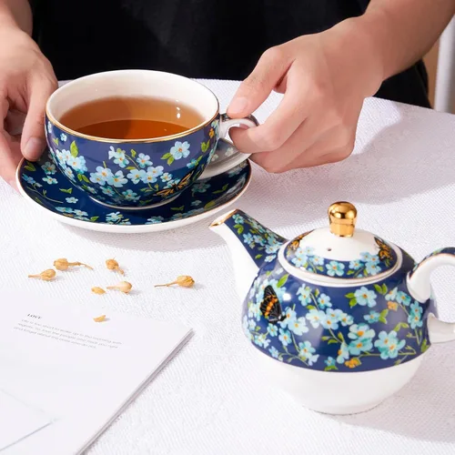 Miniatura 6 de Juego de té para uno, tetera y taza de porcelana, juego de té para una persona, tetera floral, juego de té de regalo para mujeres, mariposa azul