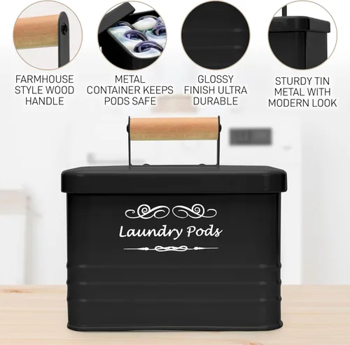 Miniatura 4 de ELITAPRO Contenedor moderno de granja para cápsulas de detergente - Porta cápsulas de metal con tapa para decoración y accesorios de lavandería