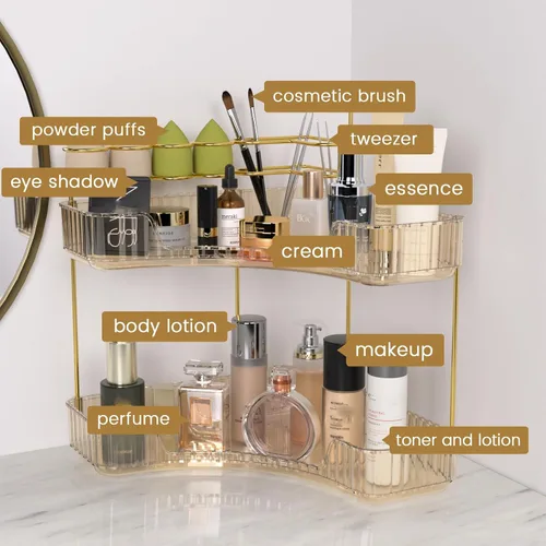 Miniatura 6 de NATURE'S SOURCE Organizador de maquillaje para tocador, organizador de baño de esquina de 2 niveles con soporte para brochas de maquillaje