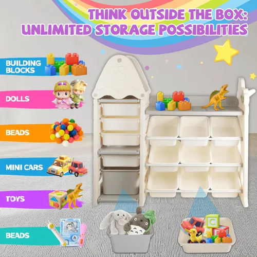 Miniatura 5 de Organizador de almacenamiento de juguetes para niños de 4 niveles con 14 cubos de juguetes extraíbles, compacto, estilo bohemio, organizador