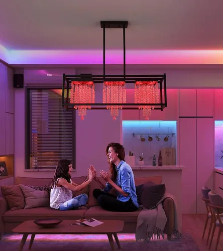 Miniatura 4 de MEIXISUE Candelabros modernos de cristal K9 RGB LED Rectango, lámparas de araña para comedor, sala de estar, cocina, isla de 33.86 pulgadas de largo