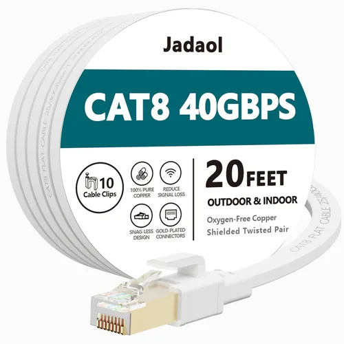 Jadaol Cable Ethernet Cat 8 de 20 pies, cable de conexión LAN Cat8 plano de 40 Gbps 2000 MHz RJ45 S/FTP, cable de red Cat8 de alta velocidad para